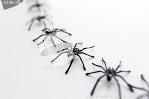 Image of black toy spiders chain over white background