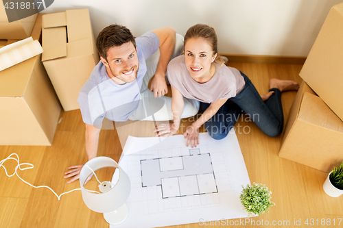 Image of couple with boxes and blueprint moving to new home