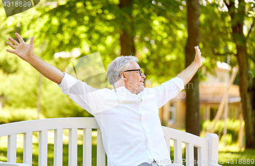 Image of happy senior man sitting on bench at summer park