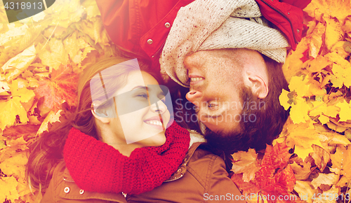 Image of close up of smiling couple lying on autumn leaves