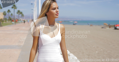 Image of Confident model walking on beach