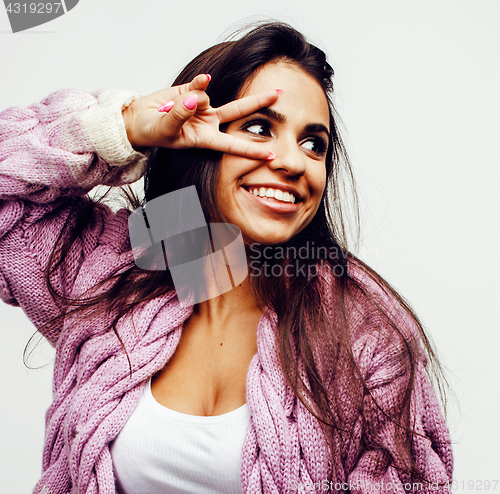 Image of young happy smiling latin american teenage girl emotional posing on white background, lifestyle people concept 