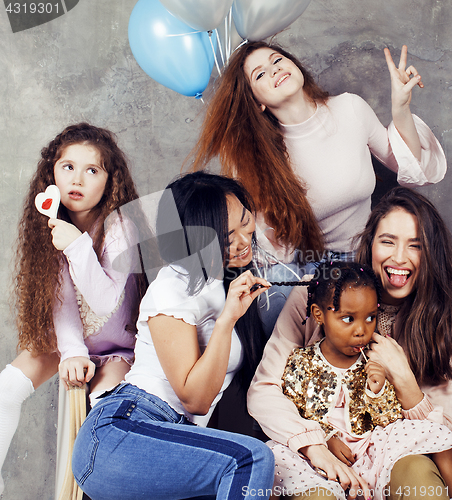 Image of Lifestyle and people concept: young pretty diversity nations woman with different age children celebrating on birth day party together happy smiling, making selfie. African-american, asian and caucasi