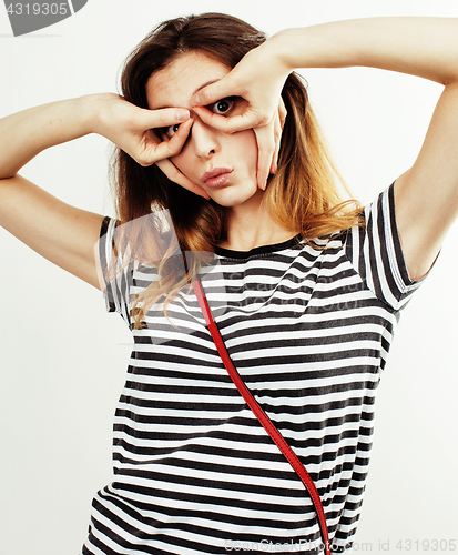 Image of young pretty teenage hipster girl posing emotional happy smiling on white background, lifestyle people concept 