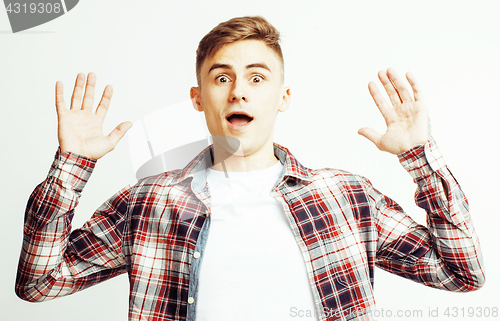 Image of young handsome teenage hipster guy posing emotional, happy smiling against white background isolated, lifestyle people concept 