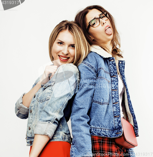 Image of best friends teenage girls together having fun, posing emotional on white background, besties happy smiling, lifestyle people concept close up