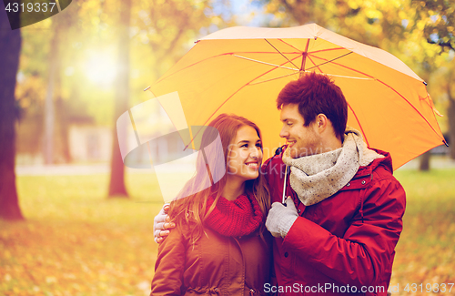 Image of smiling couple with umbrella in autumn park