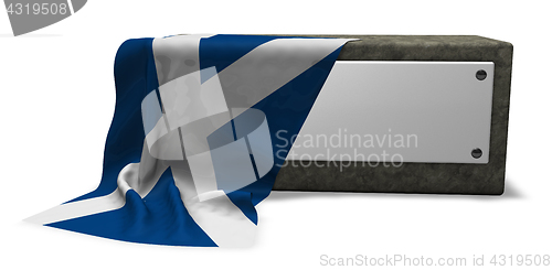 Image of stone socket with blank sign and flag of scotland - 3d rendering