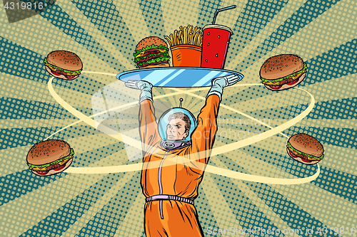 Image of Astronaut with a tray of fast Food