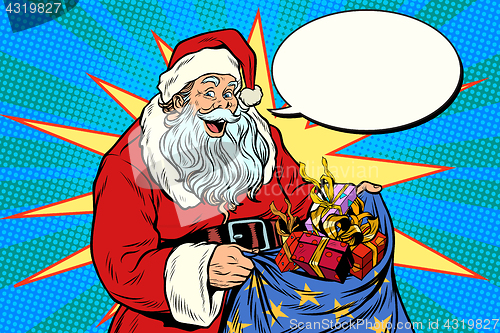 Image of Joyful Santa Claus with bag of Christmas gifts