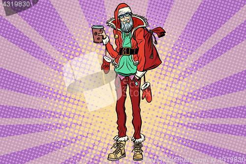 Image of Hipster Santa Claus with a Cup of coffee