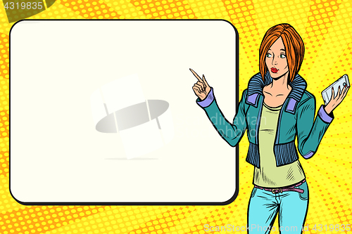 Image of Girl woman with phone on the presentation