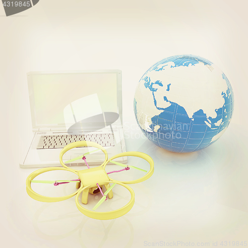 Image of Drone or quadrocopter with camera with laptop. Network, online, 