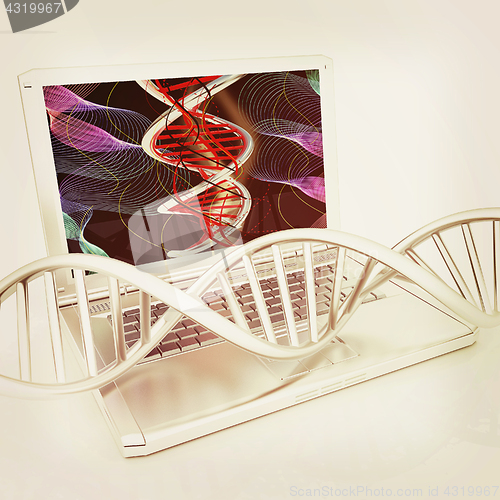 Image of Laptop with dna medical model background on laptop screen. 3d il