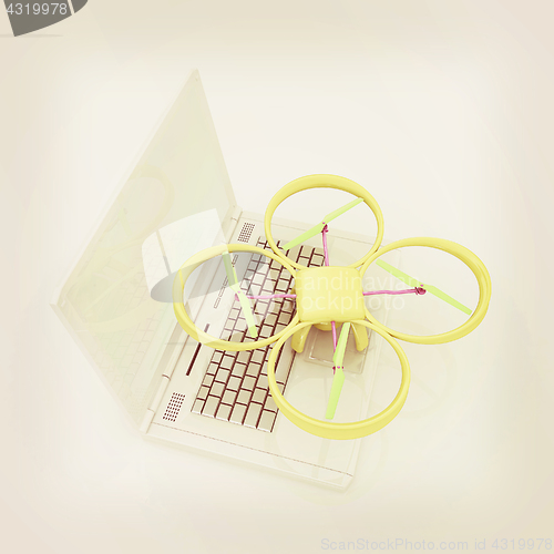 Image of Drone and laptop. 3D render. Vintage style.