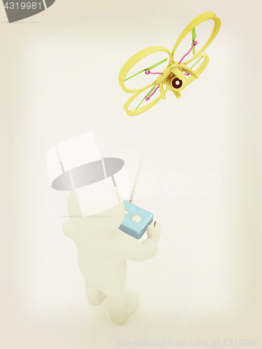 Image of 3d man with drone, quadrocopter, with photo camera. 3d render. 3