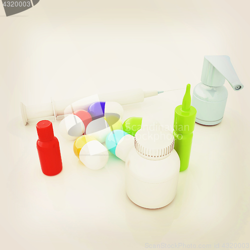 Image of Syringe, tablet, pill jar. 3D illustration. Vintage style.