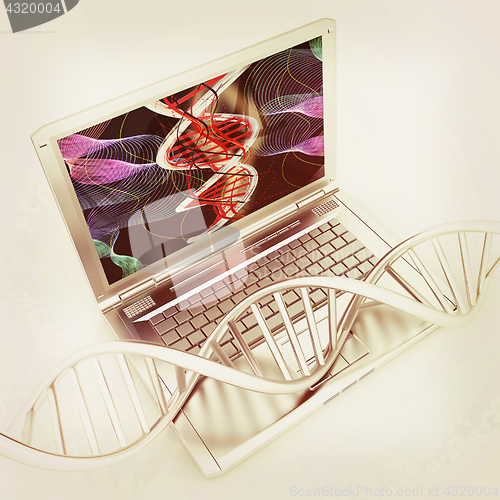 Image of Laptop with dna medical model background on laptop screen. 3d il