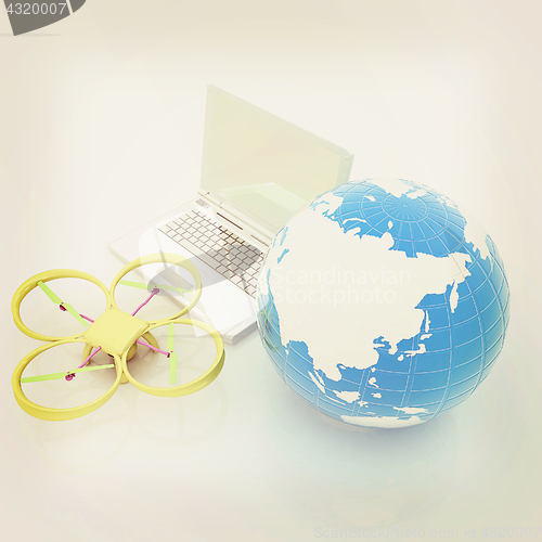 Image of Drone or quadrocopter with camera with laptop. Network, online, 