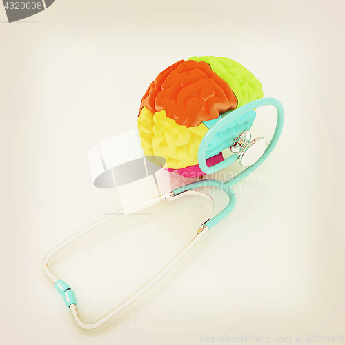 Image of stethoscope and brain. 3d illustration. Vintage style.