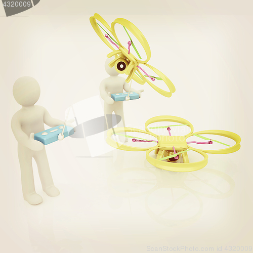 Image of 3d man with drone, quadrocopter, with photo camera. 3d render. 3