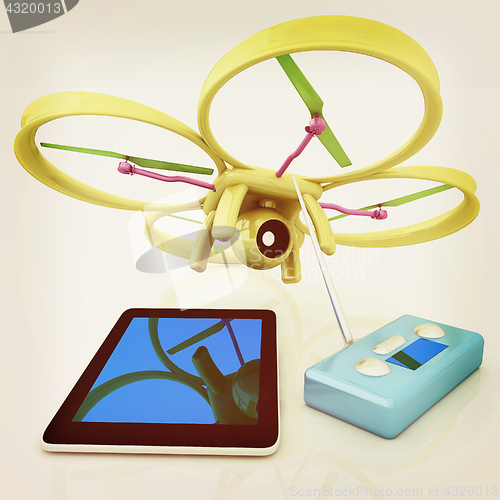 Image of Drone, remote controller and tablet PC. Vintage style.