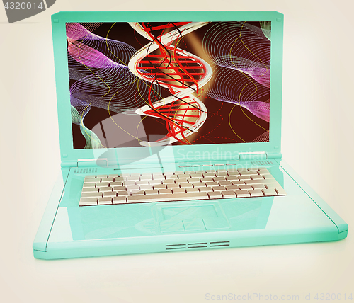 Image of Laptop with dna medical model background on laptop screen. 3d il