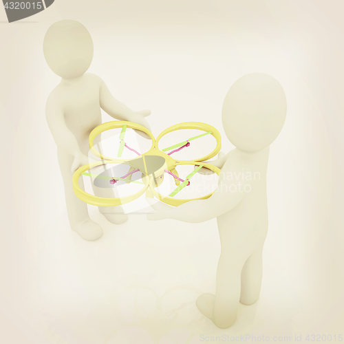 Image of 3d man with drone, quadrocopter, with photo camera. 3d render. 3