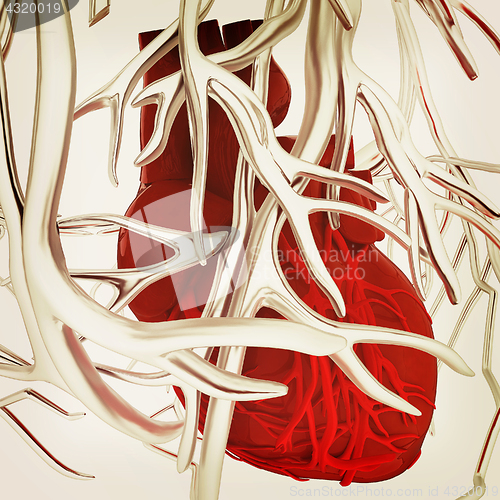 Image of Human heart and veins. 3D illustration.. Vintage style.