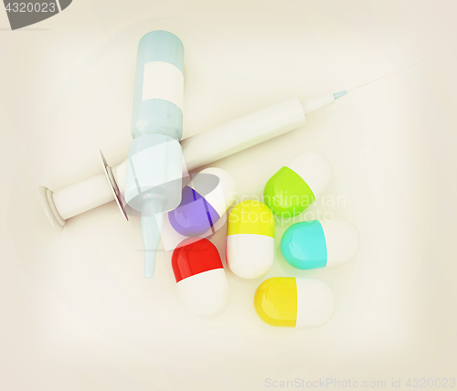 Image of Syringe, tablet, pill jar. 3D illustration. Vintage style.