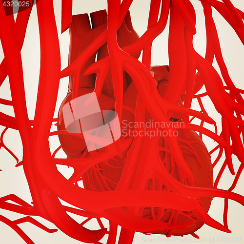 Image of Human heart and veins. 3D illustration.. Vintage style.