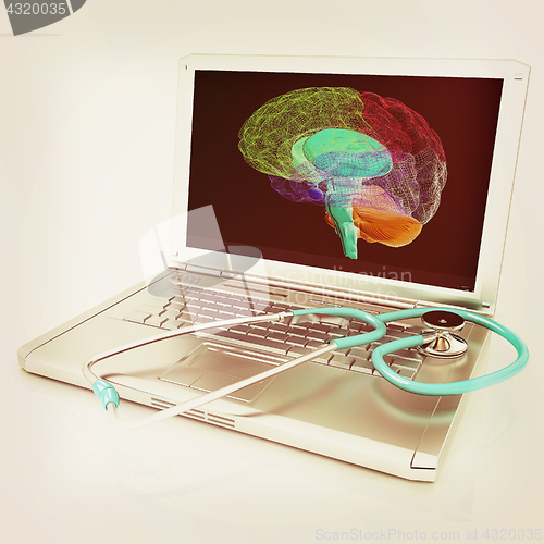 Image of Laptop, brain and Stethoscope. 3d illustration. Vintage style.