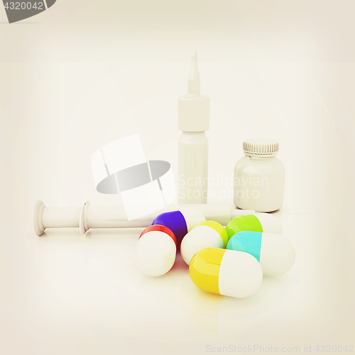 Image of Syringe, tablet, pill jar. 3D illustration. Vintage style.