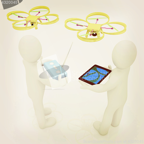 Image of 3d white people. Man flying a white drone with camera. 3D render