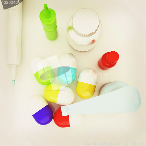 Image of Syringe, tablet, pill jar. 3D illustration. Vintage style.