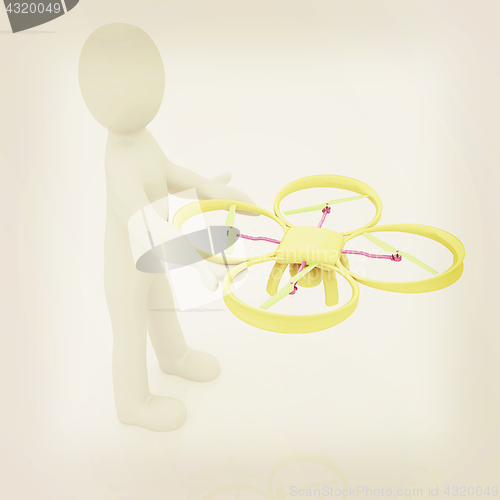 Image of 3d man with drone, quadrocopter, with photo camera. 3d render. 3