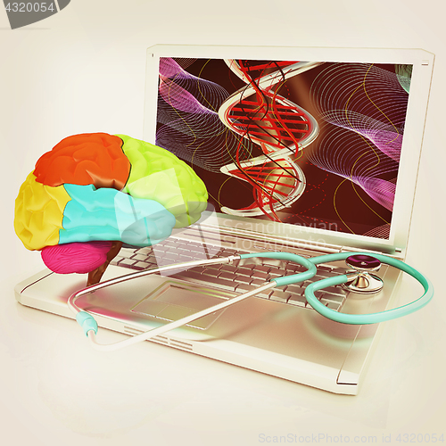 Image of Laptop, brain and Stethoscope. 3d illustration. Vintage style.