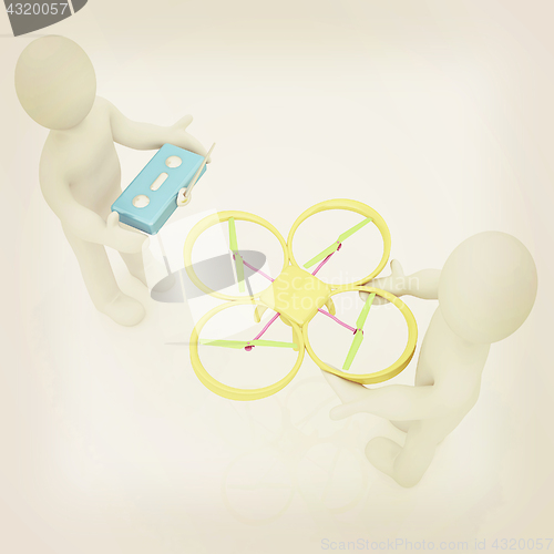 Image of 3d man with drone, quadrocopter, with photo camera. 3d render. 3