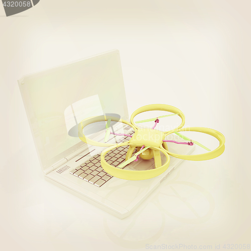 Image of Drone and laptop. 3D render. Vintage style.