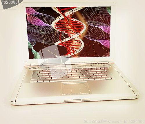 Image of Laptop with dna medical model background on laptop screen. 3d il