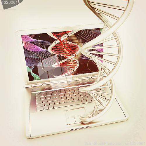 Image of Laptop with dna medical model background on laptop screen. 3d il