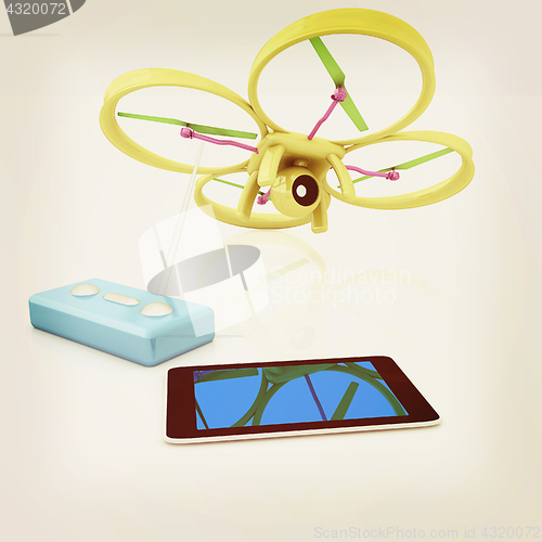 Image of Drone, remote controller and tablet PC. Vintage style.
