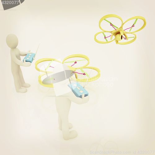 Image of 3d man with drone, quadrocopter, with photo camera. 3d render. 3