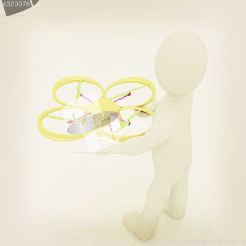 Image of 3d man with drone, quadrocopter, with photo camera. 3d render. 3