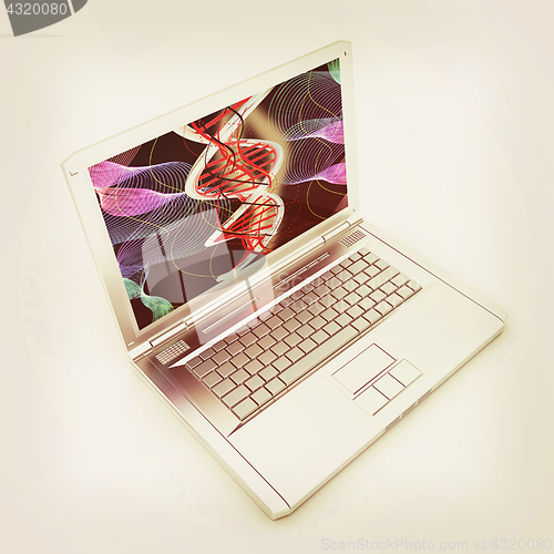 Image of Laptop with dna medical model background on laptop screen. 3d il