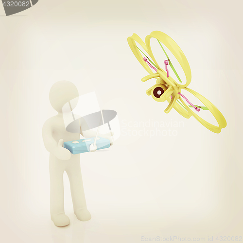 Image of 3d man with drone, quadrocopter, with photo camera. 3d render. 3