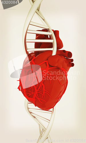 Image of DNA and heart. 3d illustration. Vintage style.