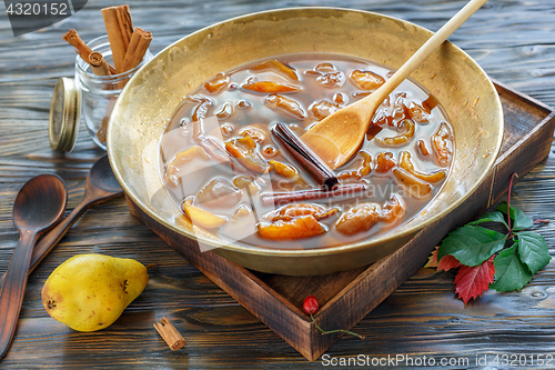 Image of Homemade jam from pears with cinnamon.