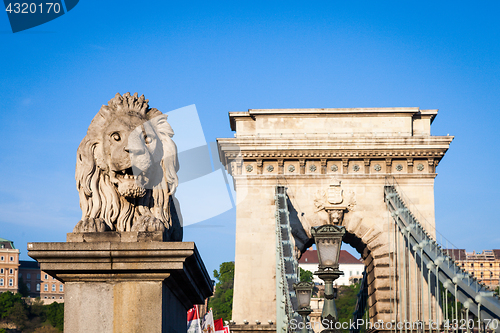 Image of BUDAPEST, HUNGARY - 2017 MAY 19th: lion statue at the beginning 