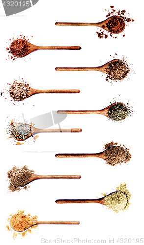 Image of Collection of Spices in Wooden Spoons